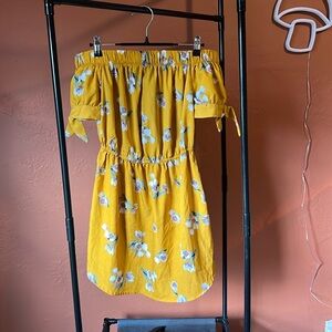 Short Yellow off the shoulder dress with a sinched waist